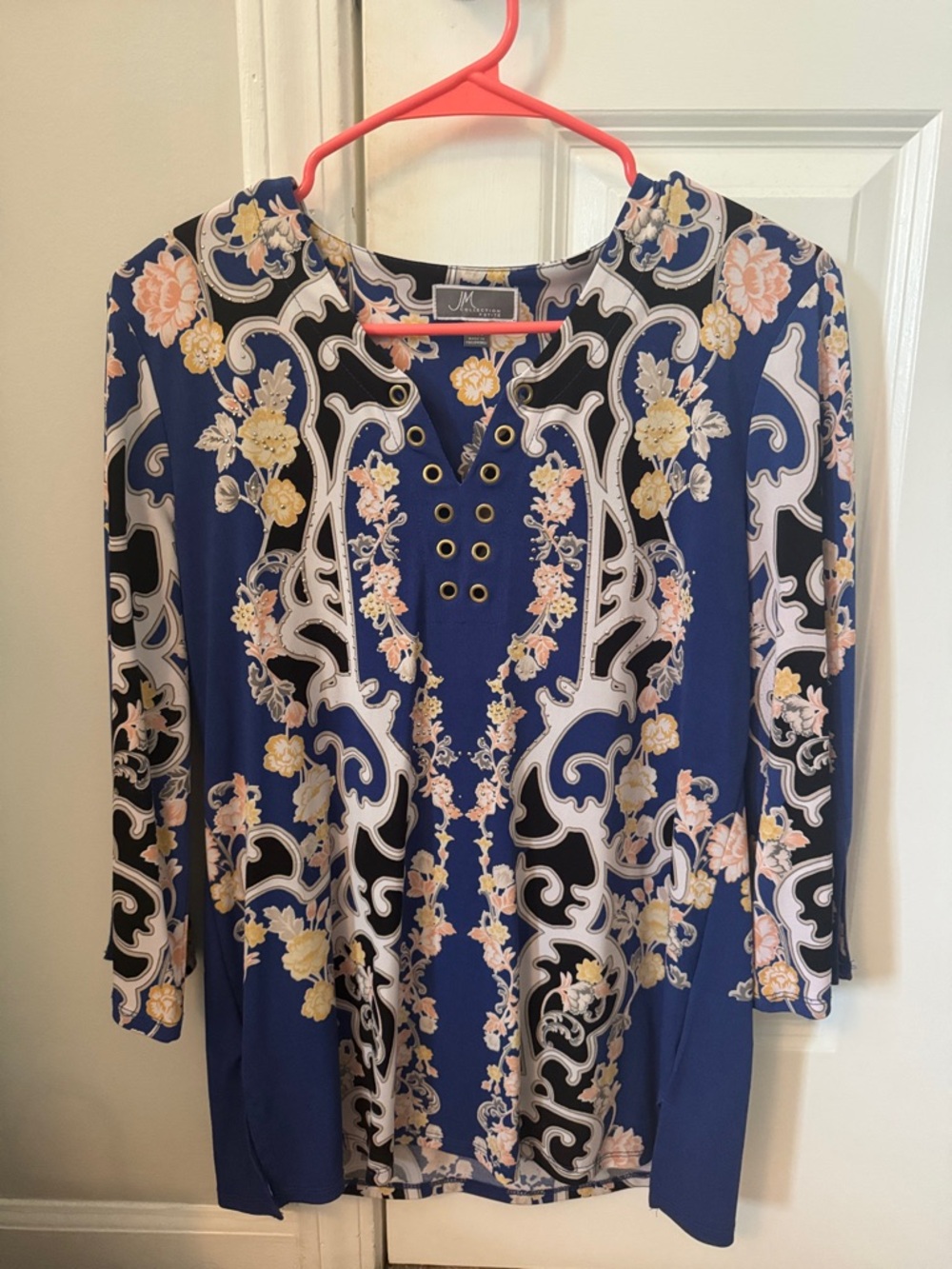 JM Collection Blue Floral Lace-Up Tunic with Gold Eyelets